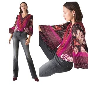 White House Black Market Women’s Floral Paisley Red Pink Blouse Pleated Slvs XS